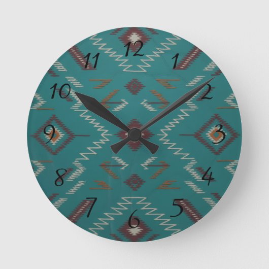 Teal Southwest Navajo Geometric Runde Wanduhr (Vorderseite)