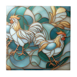 Teal Stained Glass Roosters Elegant Farmhouse Fliese