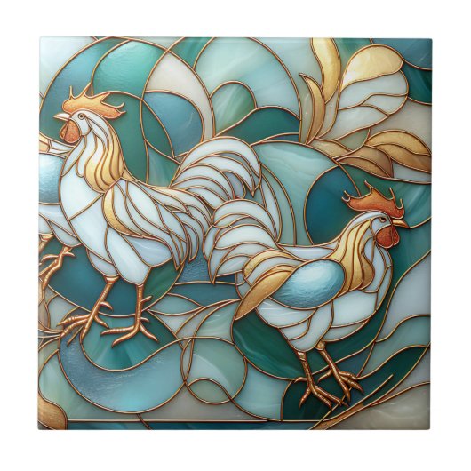 Teal Stained Glass Roosters Elegant Farmhouse Fliese (Vorderseite)