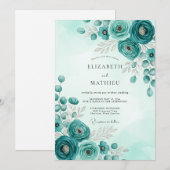 Teal Stately Botanical Wedding Einladung (Vorne/Hinten)