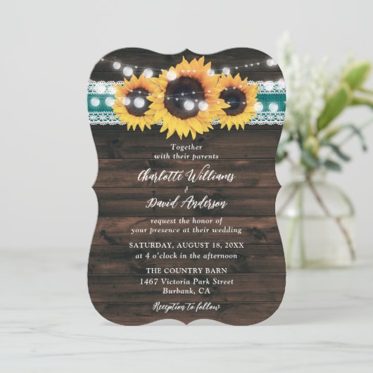 Teal Sunflower Rustic Wood String Lights Wedding Einladung (Stehend Vorderseite)
