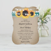 Teal Sunflower Vintage Burlap Lace Wedding Einladung (Stehend Vorderseite)