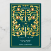 Teal Sword Floral Medieval Fantasy Wedding Folieneinladung (Vorderseite)