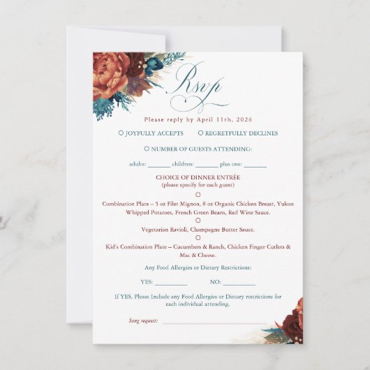 Teal Terracotta Floral Boho Wedding RSVP Card (Vorderseite)