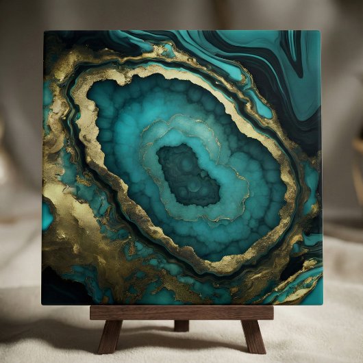 Teal Turquoise and Gold Agate Geode Liquid Marble Fliese