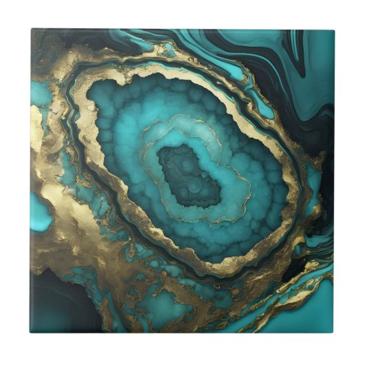 Teal Turquoise and Gold Agate Geode Liquid Marble Fliese (Vorderseite)