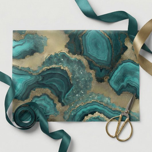Teal Turquoise Gold Glitter Agate Geode Marble Seidenpapier
