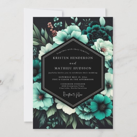 Teal Twilight Bloom Wedding Einladung (Vorderseite)