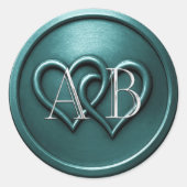 Teal Two Hearts Silver Monogram Wedding Runder Aufkleber (Vorderseite)