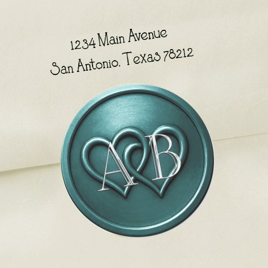 Teal Two Hearts Silver Monogram Wedding Runder Aufkleber
