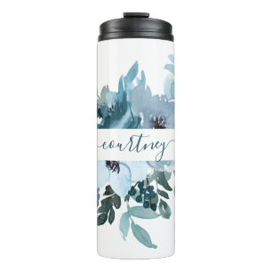 Teal- und blaue Wasserfarbe floral personalisiert  Thermosbecher