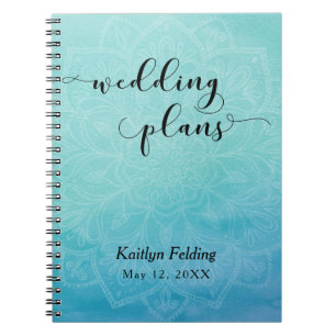 Teal- und Blaue Wasserfarben- und Mandala-Hochzeit Notizblock