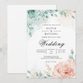 Teal- und Blush-Blumenbogen-Hochzeit Einladung (Vorne/Hinten)