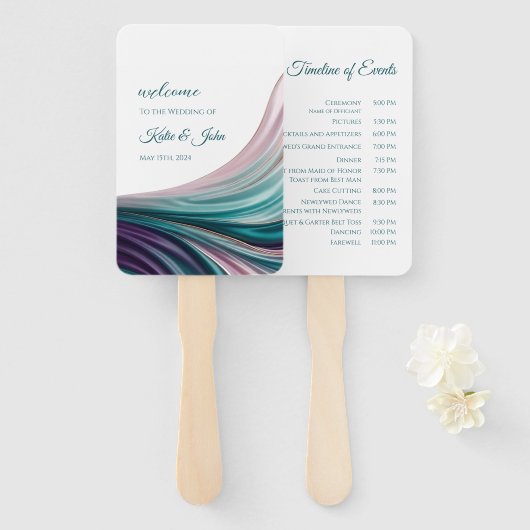 Teal- und Blush-Seiden-Hochzeitsprogramm Fächer (Vorne und Hinten)