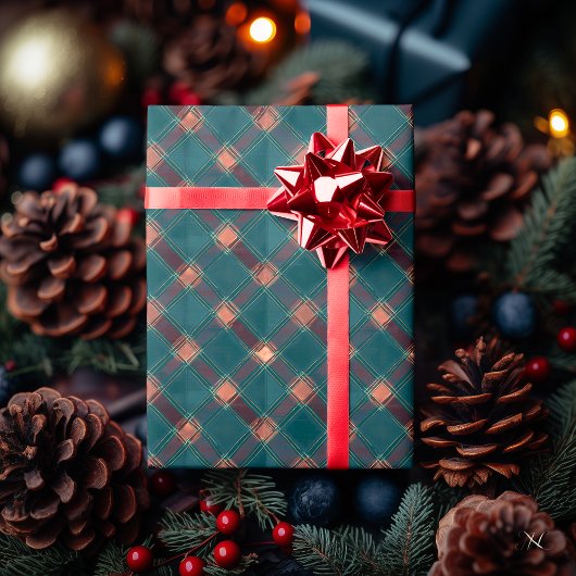 Teal- und Braunkaromuster – Rustikale Feiertage Geschenkpapier