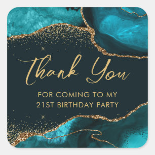 Teal- und Faux-Gold-Glitter-Achat-Geburtstagsfeier Quadratischer Aufkleber