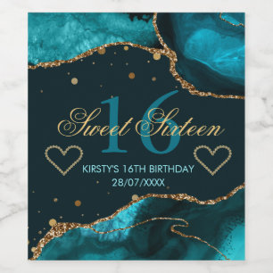 Teal- und Faux-Gold-Glitter-Achat-Sweet-16 Weinetikett