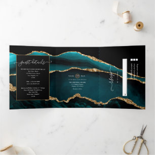 Teal und Gold Achat Hochzeit Dreifach Gefaltete Einladung