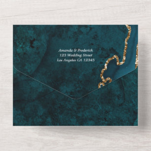 Teal- und Gold-Achat-Hochzeits-Einladungskarte All In One Einladung