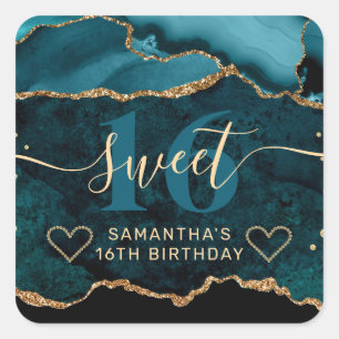 Teal- und Gold-Glitter-Achat-Marmor Süße 16  Quadratischer Aufkleber