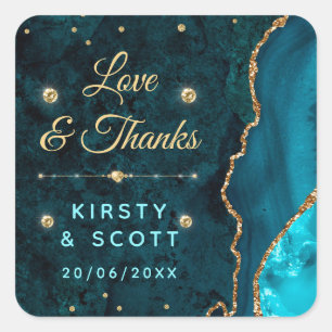 Teal- und Gold-Glitter-Achat- und Marmor-Hochzeit Quadratischer Aufkleber