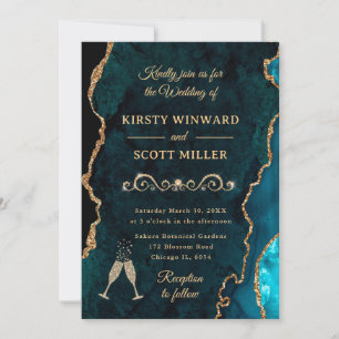 Teal- und Gold-Glitter-Achat- und Marmorhochzeit Einladung