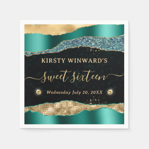 Teal- und Gold-Glitter-Glam-Tränen-Bokeh Sweet 16 Serviette