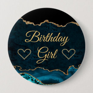 Teal- und Gold-Glitter-Marmor-Achat-Geburtstagsmäd Button