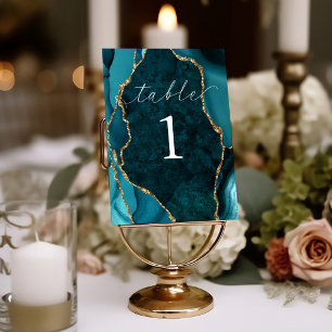 Teal- und Goldmarmor-Achat-Tischkarte Tischnummer