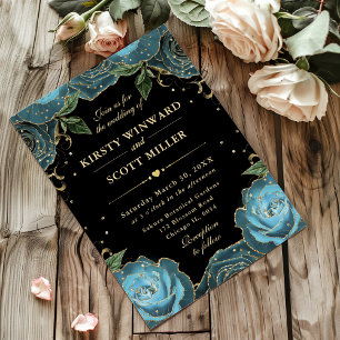 Teal- und Goldrosen Florale Hochzeit Einladung