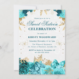 Teal- und Goldrosen Florale Sweet Sixteen Einladun Einladung