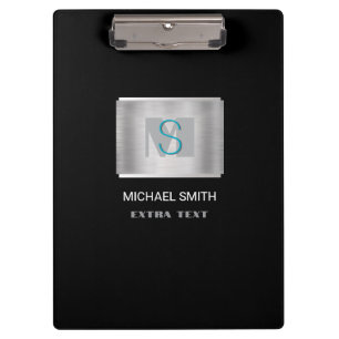 Teal- und Grau-Monogramm Weißer Name, Silber & Sch Klemmbrett