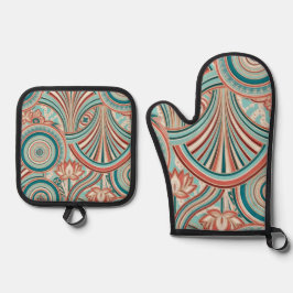 Teal und Koralle Nouveau-Fluss Ofenhandschuh & Topflappen-Set