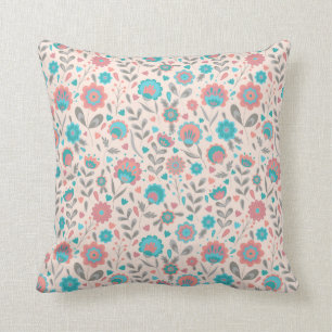 Teal- und Korallen-Volkskunst-Blumenmuster Kissen