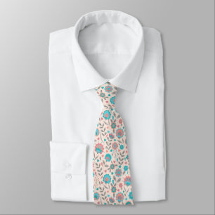 Teal- und Korallen-Volkskunst-Blumenmuster Krawatte