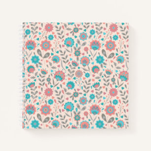 Teal- und Korallen-Volkskunst-Blumenmuster Notizblock