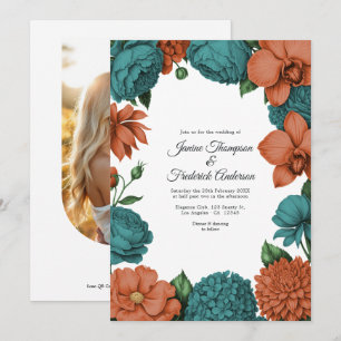 Teal- und Korallen-Wasserfarben-Hochzeit mit flora Einladung