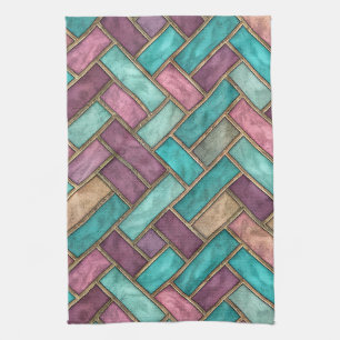 Teal- und Mauve-Fischgrätenkachel-Muster - Ziegel Geschirrtuch