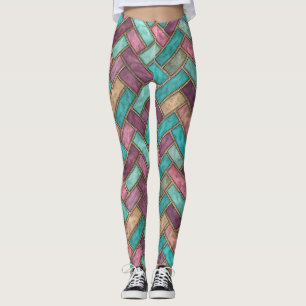 Teal- und Mauve-Fischgrätkachelmuster - Ziegel Leggings