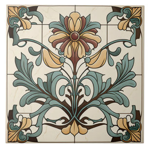 Teal und Ocker Art Nouveau Floral Fliese