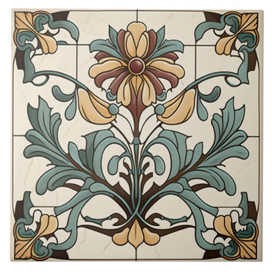 Teal und Ocker Art Nouveau Floral Fliese