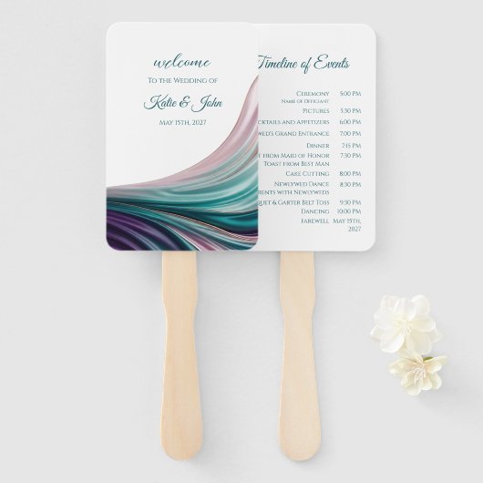 Teal- und Rosé-Seidene Hochzeitsprogramm-Fächer Fächer (Vorne und Hinten)