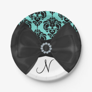 Teal- und schwarze Damast-Bling-Bow-Glam-Süßigkeit Pappteller
