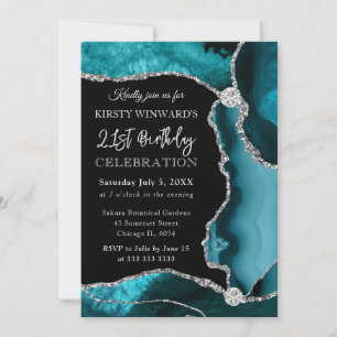 Teal und Silber Faux Glitter Achat Geburtstag Einladung