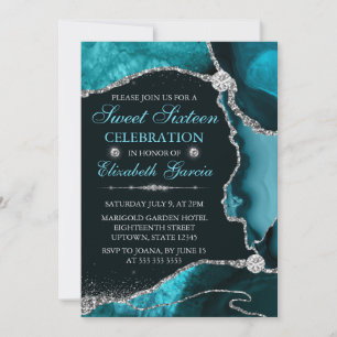 Teal und Silber Faux Glitter Achat Sweet Sixteen Einladung