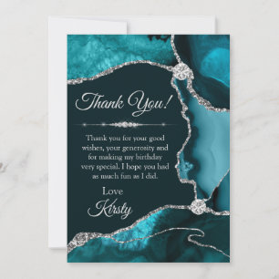 Teal- und Silber-Glitter-Achat-Geburtstag Dankeskarte