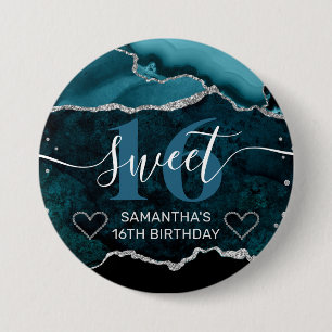 Teal- und Silber-Glitter-Achat-Marmor Süße 16 Button