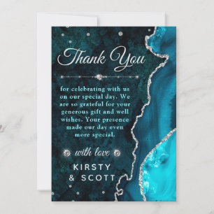 Teal- und Silber-Glitter-Achat- und Marmor-Hochzei Dankeskarte