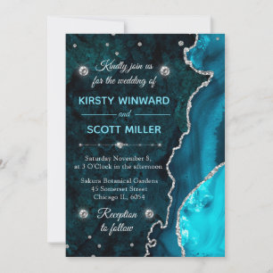 Teal- und Silber-Glitter-Achat- und Marmor-Hochzei Einladung