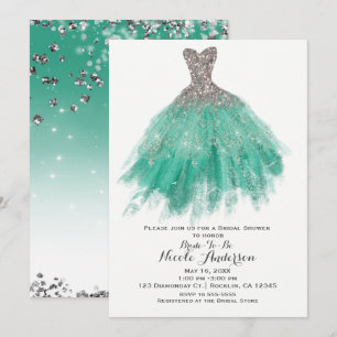 Teal- und Silber-Glitter-Glam-Kleid Brautparty Einladung